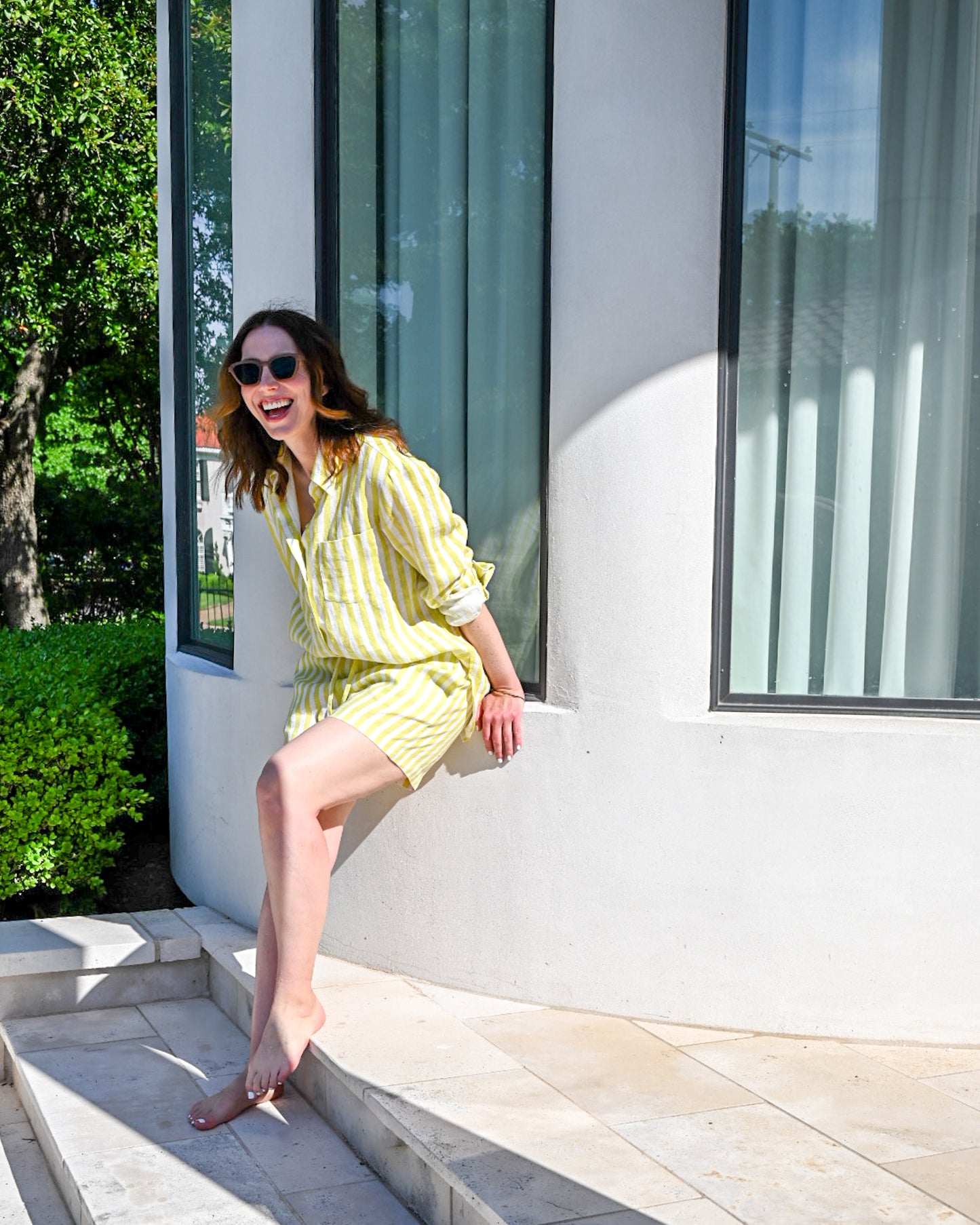 Chartreuse Striped Coastal Linen Shorts