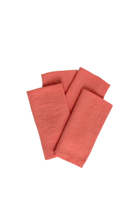 Set of Four Coral Linen Napkins